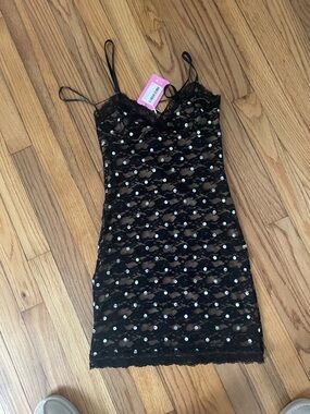 Edikted Black Lace Slip with Silver Sequin Accents